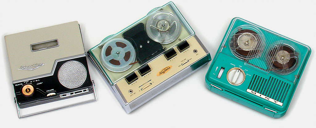 Vintage collectible tape recorders, from left to right, Executive TR-10, Kaytone, turquoise Miny. All three use 3-inch tape reels and are made in Japan. From 'Pocket and Portable Tape Recorders' at the web's largest private collection of antiques & collectibles: https://www.ericwrobbel.com/collections/pocket-recorders.htm