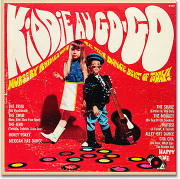 Record collecting, album covers: This dime store record attempts to cash in on the '60s youth culture its makers probably loathed. Kiddie Au Go-Go / Nursery Rhymes with the Teen Dance Beat of Today! / The Mod Moppets, Happy Time Records (Pickwick International) HT-1037. From 'More Records' at the web's largest private collection of antiques & collectibles: https://www.ericwrobbel.com/collections/records-2.htm