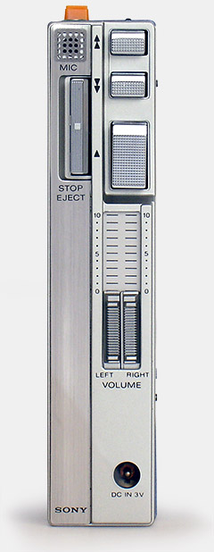 The first Sony Walkman, the TPS-L2 in 1979. Side view. The most important personal music device since the transistor radio, the Walkman was also the device that made it common to wear headphones in public. From 'The Sony Walkman' at the web's largest private collection of antiques & collectibles: https://www.ericwrobbel.com/collections/sony-walkman.htm