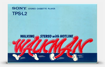 In 1979, in the earliest days of the Sony Walkman, a 'walking feet' logo was designed with the phrase 'Walking Stereo with Hotline.' It was used on the early box you see here, on some early vinyl cases and, as a sticker, on even fewer early Walkmans before a permanent re-design eliminated the quirky lettering with the 'feet.' From 'The Sony Walkman' at the web's largest private collection of antiques & collectibles: https://www.ericwrobbel.com/collections/sony-walkman.htm