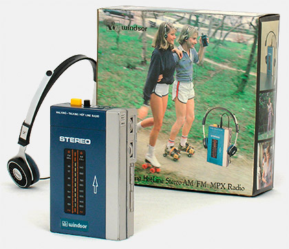 The first Sony Walkman, the TPS-L2 in 1979, attracted a lot of imitators. This Windsor ST-1400 'Walking, Talking, HotLine Stereo' from Hong Kong, 1982, isn't even a cassette player, it's just a radio. This Windsor even rips off the Sony 'skate box' in a wonderfully pathetic imitation. Collecting ripoffs, knockoffs, and clones like this one is an interesting hobby all its own. From 'The Sony Walkman' at the web's largest private collection of antiques & collectibles: https://www.ericwrobbel.com/collections/sony-walkman.htm