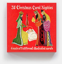 Christmas Carol Napkins designed in the sort of over-the-top riot of Christmas themes popular in the mid twentieth century. Makes me want egg nog. From 'On the Table, More!' at the web's largest private collection of antiques & collectibles: https://www.ericwrobbel.com/collections/table-2.htm