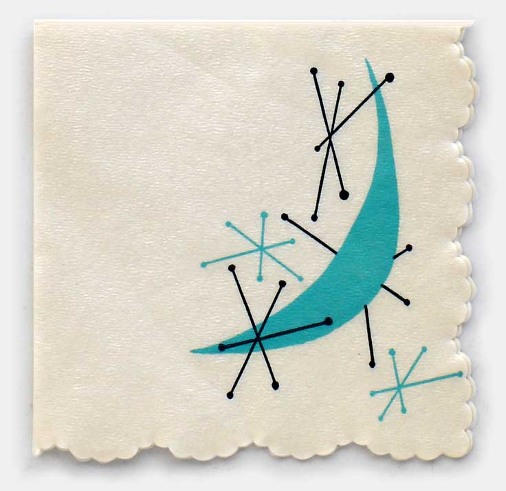 Vintage mid-century modern cocktail napkins sport a crescent-and-stars pattern. From 'On the Table' at the web's largest private collection of antiques & collectibles: https://www.ericwrobbel.com/collections/table-1.htm