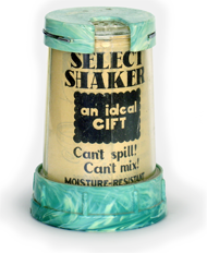 'Select Shaker' is a salt & pepper shaker combined. 'An ideal gift. Can't spill, can't mix, moisture resistant.' What else could you possibly want? From 'On the Table, More!' at the web's largest private collection of antiques & collectibles: https://www.ericwrobbel.com/collections/table-2.htm