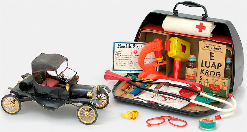 Vintage balsa wood Hudson Miniature model T Ford from their 'Old Timers' series (1949, USA). Transogram Little Country Doctor set with 3-Way X-Ray Red-Ray Scope and scads of other doctor stuff! 1950. From 'More Toys' at the web's largest private collection of antiques & collectibles: https://www.ericwrobbel.com/collections/toys-more.htm