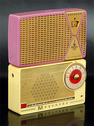 Collectors like to get the FIRST of something. These are the first pocket transistor radios from Emerson and Magnavox. In a rare purple color is the Emerson 849. The Magnavox AM-2 sports an attractive underpainted dial. Both are US-made and from 1955. From 'The First Transistor Radios' at the web's largest private collection of antiques & collectibles: https://www.ericwrobbel.com/collections/transistor-radios.htm