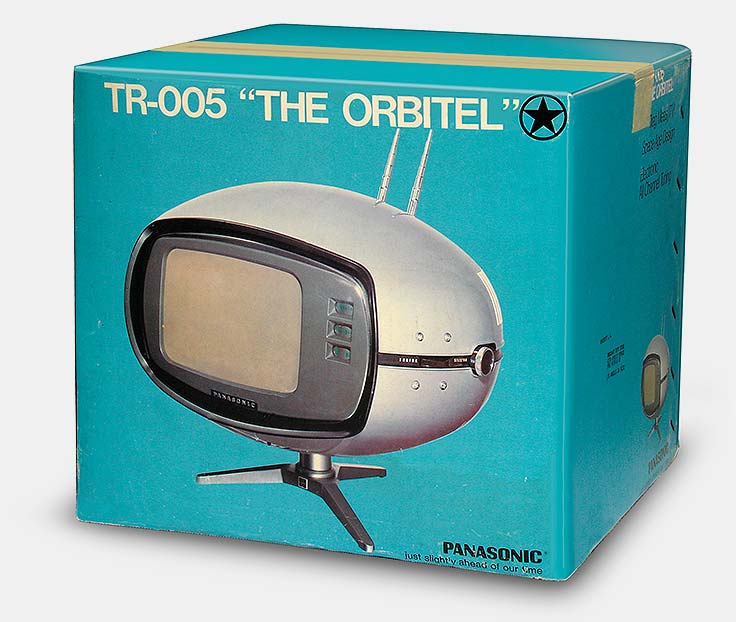 No vintage transistor television is more collectible than the Panasonic TR-005 Orbitel, usually called the 'flying saucer' TV (1971, Japan). Here is its original box. From 'Vintage Televisions' at the web's largest private collection of antiques & collectibles: https://www.ericwrobbel.com/collections/tv.htm