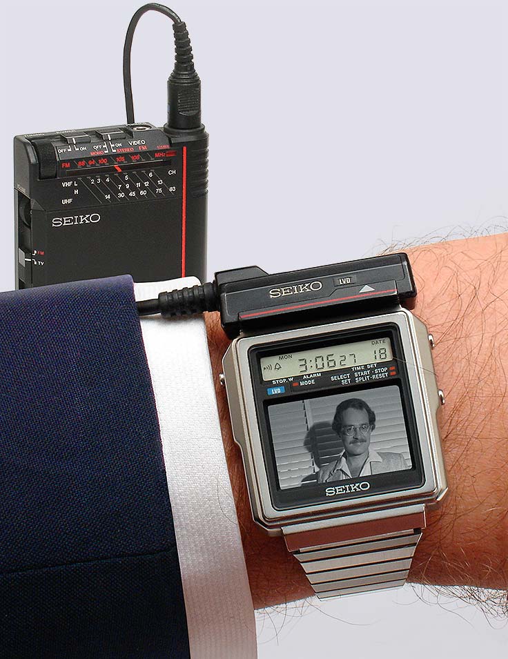 Vintage collectible Seiko TV Watch TR02-01 (1982, Japan) sports a 1.2 inch black & white non-backlit LCD screen, FM stereo radio, and time, alarm, calendar, and stopwatch functions. From 'Vintage Televisions' at the web's largest private collection of antiques & collectibles: https://www.ericwrobbel.com/collections/tv.htm
