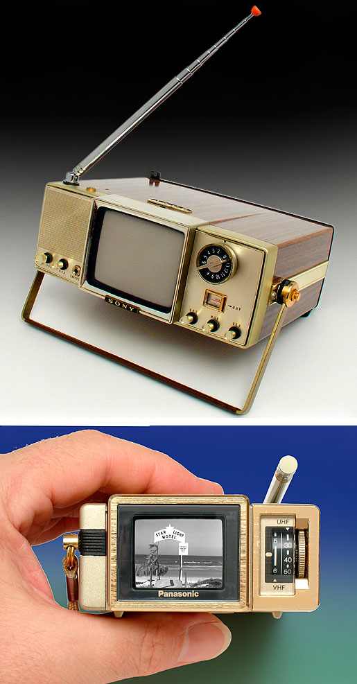 Sony 4-204UW 'Walkie Watchie' 4-inch TV. This black & white television was made in Japan in 1965. It's interesting to see how this 'walking' theme was on Sony's mind even then, leading eventually to their groundbreaking 1979 device, the Sony Walkman TPS-L2. Bottom: Panasonic TR-1030P Travelvision 1.5-inch black & white TV (1984, Japan). From 'Vintage Televisions' at the web's largest private collection of antiques & collectibles: https://www.ericwrobbel.com/collections/tv.htm