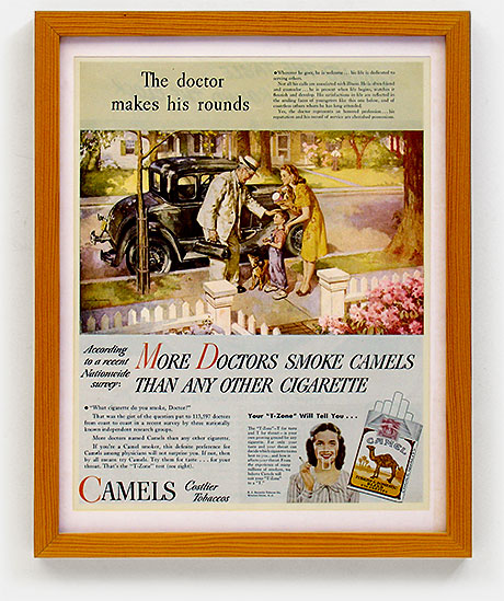 'More Doctors Smoke Camels Than Any Other Cigarette.' Only in hindsight do we really see the outrageous wackiness of some pop culture. This magazine ad from the late 1940s extols the virtues of the kindly and wise family doctor and, along with the psuedo-science 'T-Zone' graphic, implies the good doctor's seal of approval for the Camel brand. From 'Collecting the Wacky' at the web's largest private collection of antiques & collectibles, https://www.ericwrobbel.com/collections/wacky.htm