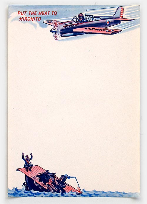 'Put the Heat To Hirohito' stationery from World War 2 shows a U.S. Navy plane above the surrendering emporer perched on the edge of a sinking ship (or submarine) with a broken and fallen Japanese flag. From 1940s vintage set of 'Keep 'Em Smiling Humorous Letterheads' illustrated with gags, cliches, and stereotypes. More examples at 'More of The Way Things Were' at the web's largest private collection of antiques & collectibles: https://www.ericwrobbel.com/collections/way-things-were-2.htm